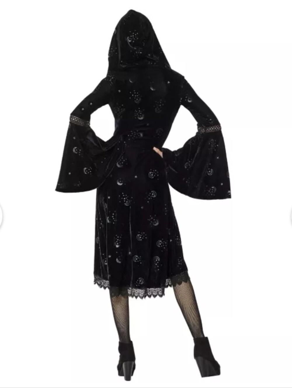 Celestial Coven Black Velvet Moon & Star Lace-Trim Hooded Dress Size Medium - Picture 3 of 11